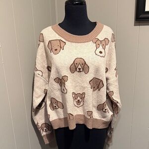 Debut Women Medium Dog Canine Motif Sweater - Cream and Tan